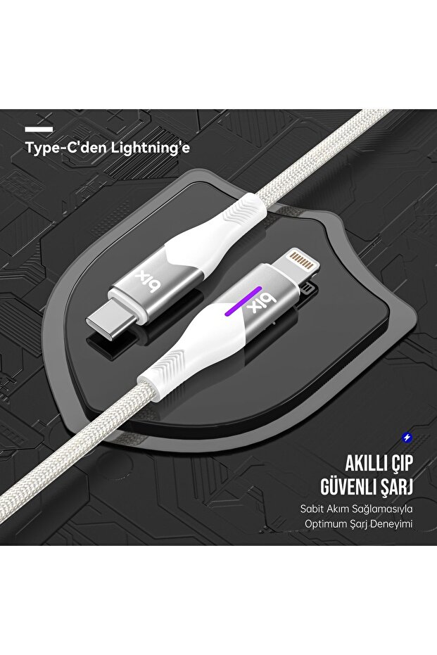 BX04CL Type-C to Lightning iPhone 27W Örgülü LED Işıklı Şarj ve Data Kablosu 1 Metre Beyaz - 3