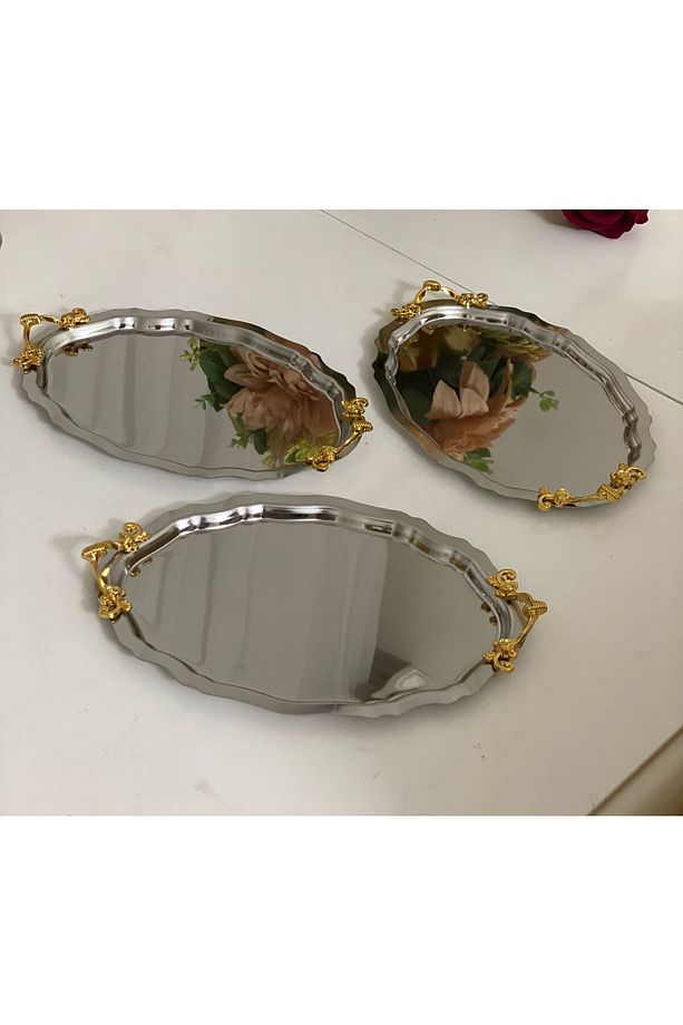 15*21 CM ÇELİK OVAL MODEL KULPLU 6 ADET SERVİS VE SUNUM TEPSİSİ - 1