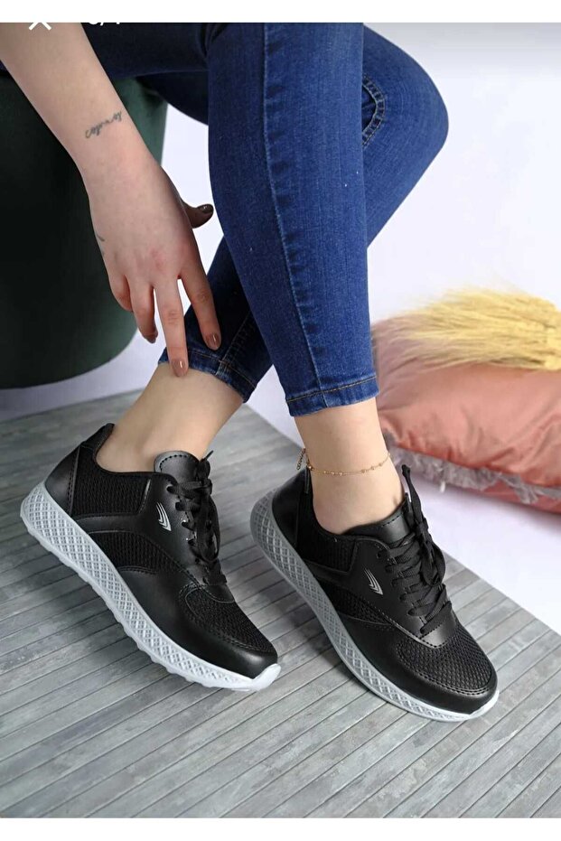 Kalın Taban Fileli Siyah Beyaz Ayakkabı - 5