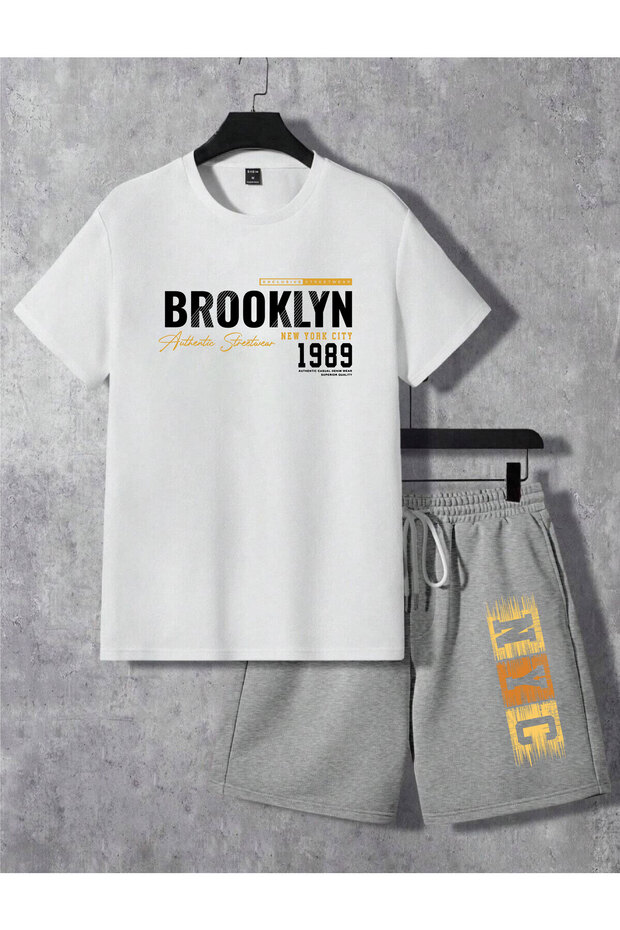 Brooklyn New York Boston White T-Shirt Gray Shorts - T-Shirt with Shorts Bottom Top Set Printed Crew Neck