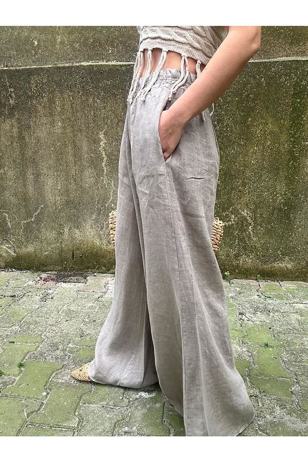 Lastikli Bel Geniş Paça Cepli Keten Pantolon-STD - vizon - 7