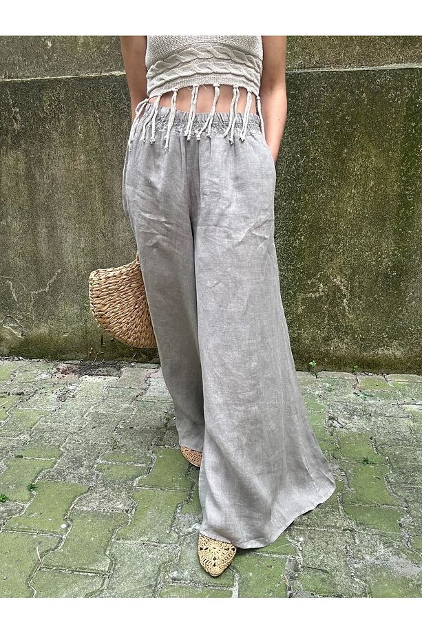 Lastikli Bel Geniş Paça Cepli Keten Pantolon-STD - vizon - 3