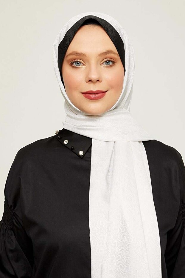 Ekru Halka Desen Monogram Şal - 1