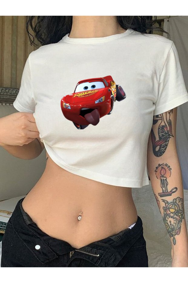 Tongue Out Mcqueen Cars Print Model White Women's Crop Body T-Shirt
