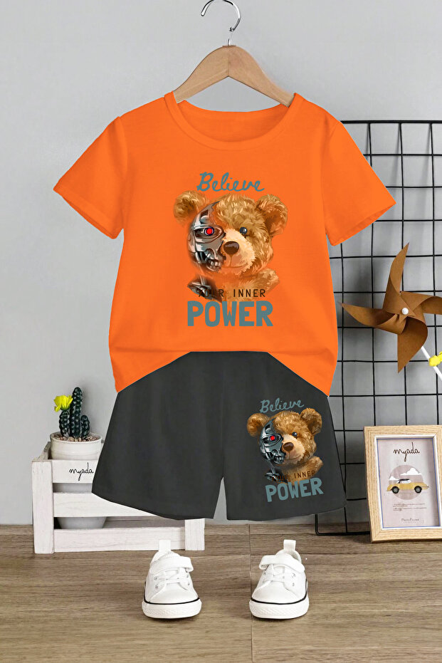 Children's Set Crew Neck Elastic Shorts Believe Power Robot Bear Printed 2-Piece Set 12687