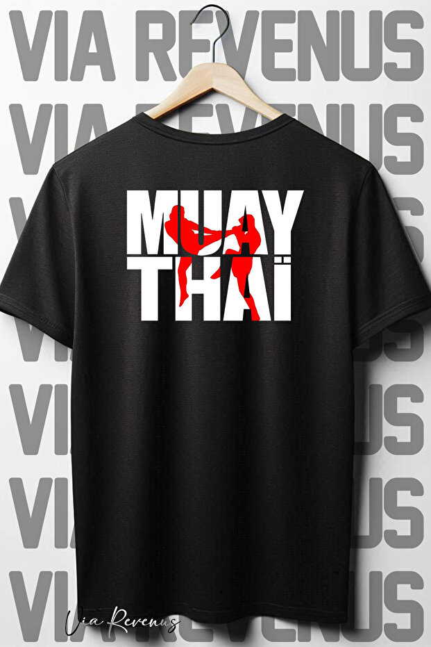 تي شيرت أسود برقبة دائرية وطباعة على الظهر من Muay Thai، مقاس كبير وواسع