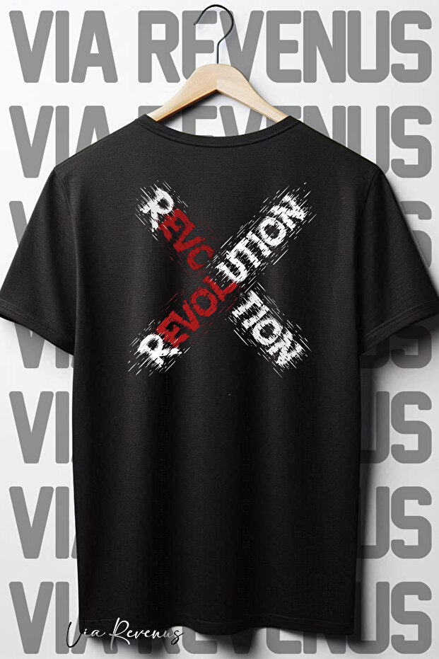 Revolution Back Printed Oversized Loose Fit Crew Neck Black T-shirt