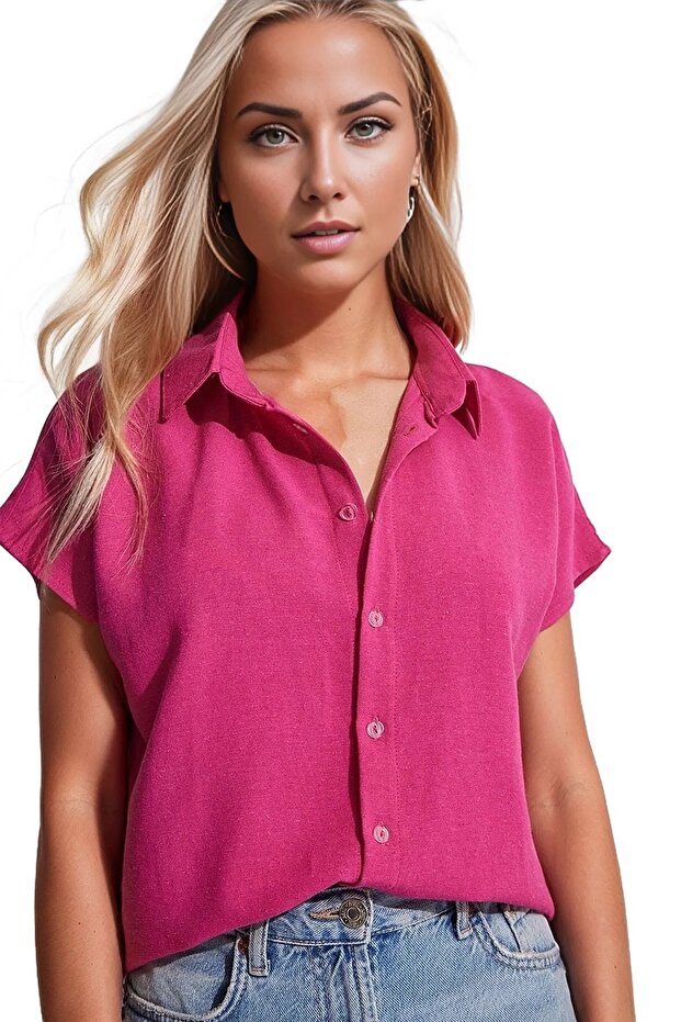 Women's Fuchsia Linen Bat Short Sleeve Shirt with Buttons
