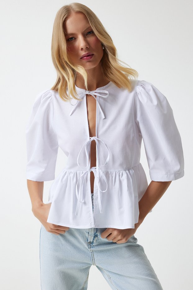 Women's White Bow Balloon Sleeve Cotton Poplin Blouse Ul00022