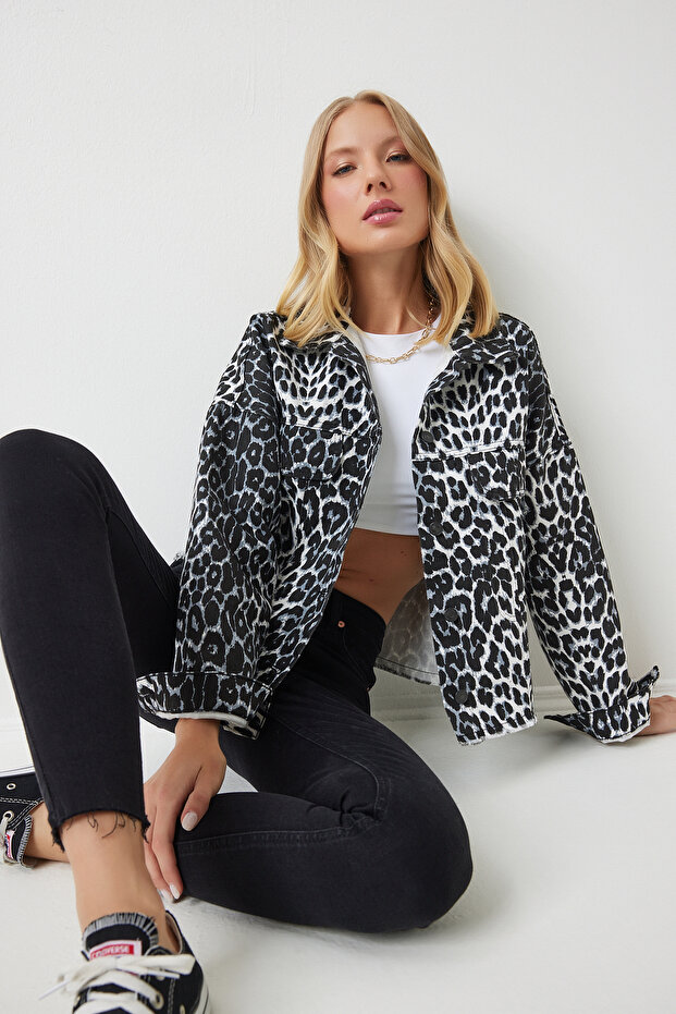 Women's Black Ecru Leopard Print Denim Jacket Vc00007