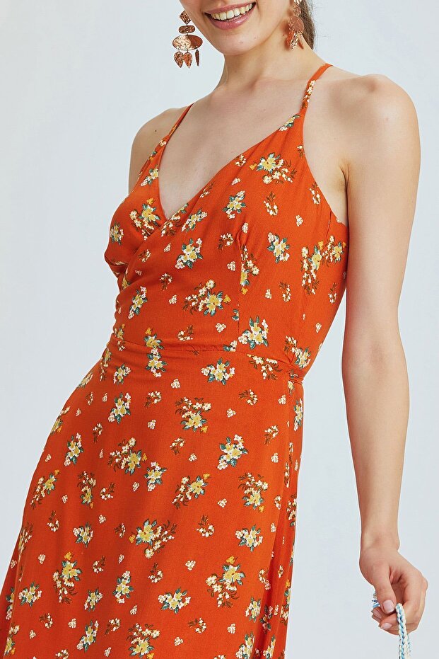 Sırt Dekolteli Anvelop Elbise Turuncu - 7