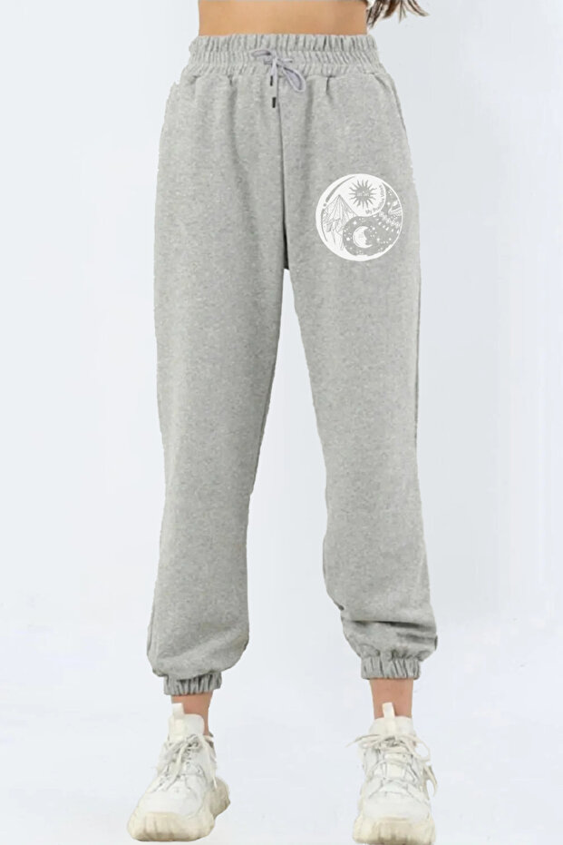 LUNAVISTA Women's Moon Sun Printed Black Jogger Sweatpants with Elastic Waist