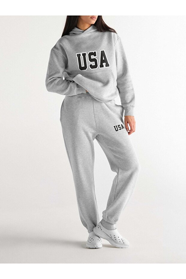 USA Black Unisex Hooded Sweatshirt Bottom-Top Set