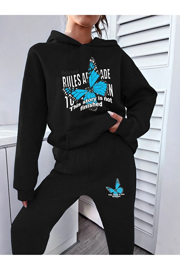Women's Blue Butterfly Printed Sweatshirt and Sweatpants Set