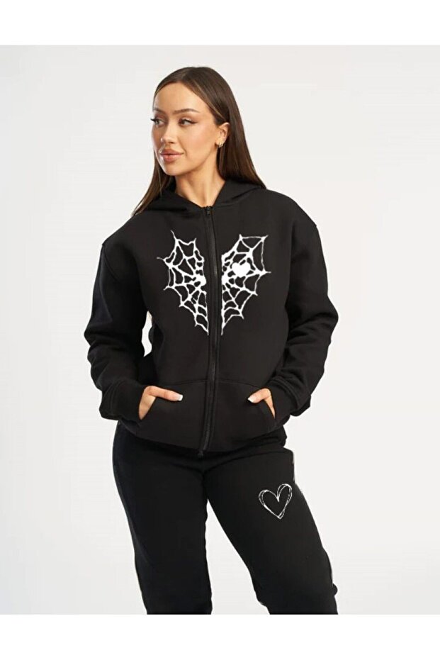 Grunge Mesh Printed Hooded Zippered Sweatshirt Tracksuit Top and Bottom Set)