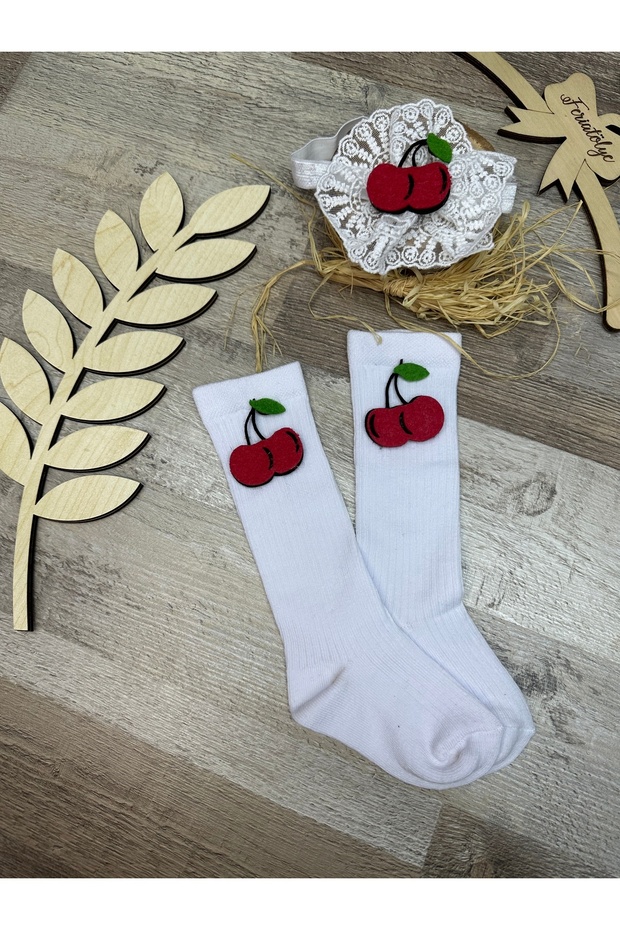 Cherry Figured White Lace Headband and White Cherry Concept Baby Girl Knee Socks