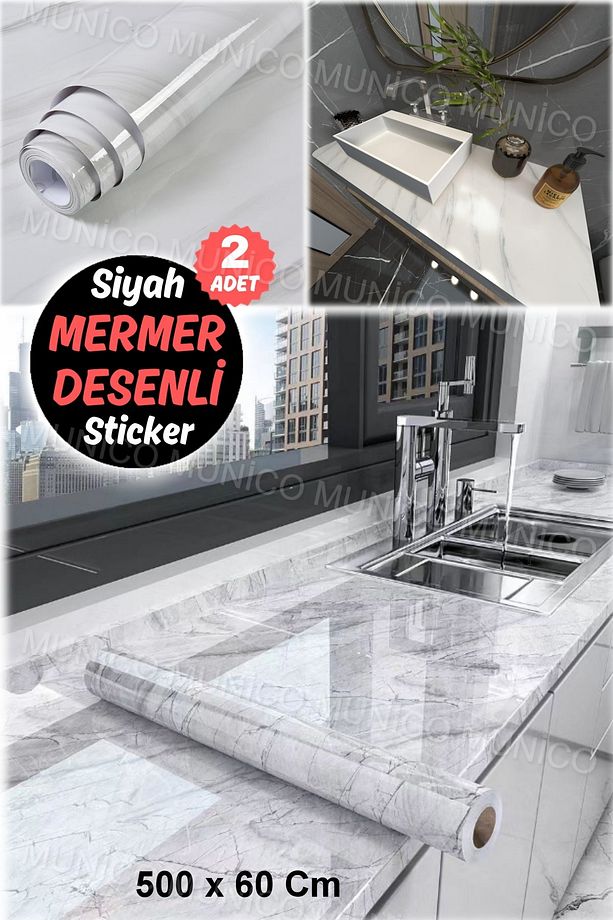 2 Adet Mermer Desenli Kendinden Yapışkanlı Folyo Kendinden Yapışkanlı Dekor Pencere Çıkartması PVC - 4