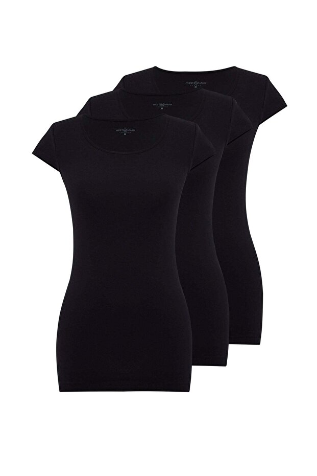3-Pack Black Crew Neck Cotton Elastane Blend Short Sleeve Women's Undershirt Olivia Capsleeve Top