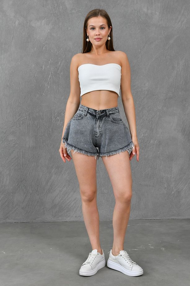 Kadın Paça Ucu Püsküllü Yüksek Bel Likrasız Volanlı Kesim Antresit Kot Şort Denim Şort 70361 - 8