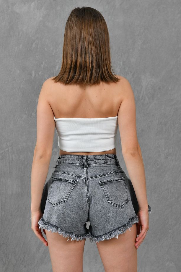 Kadın Paça Ucu Püsküllü Yüksek Bel Likrasız Volanlı Kesim Antresit Kot Şort Denim Şort 70361 - 4