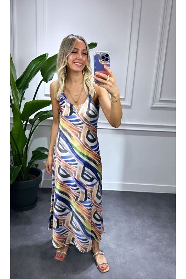 Pamuk saten renkli midi boy elbise - 1