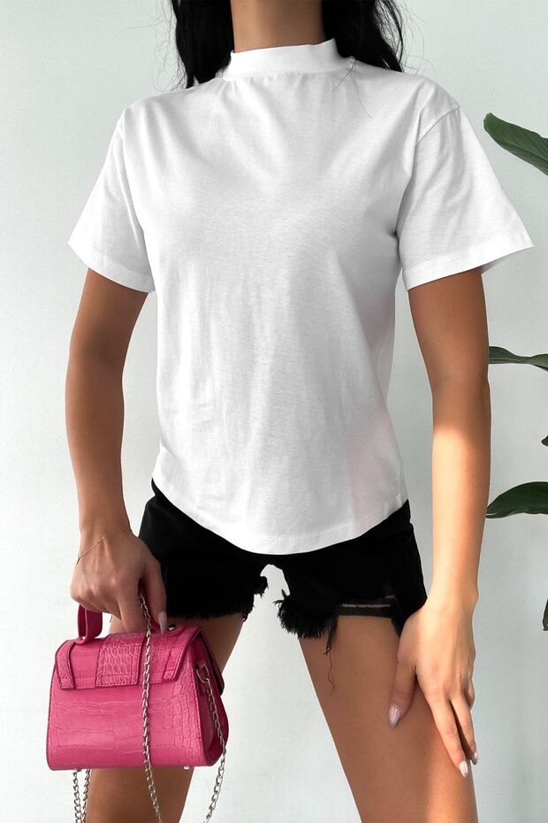 Kadın Dik Yaka 2'li Paket Basic Örme T-shirt - 4