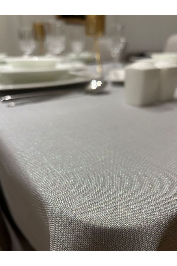 Meral Kurşun Collection Polyester Keten Simli Masa Örtüsü Gri - 6
