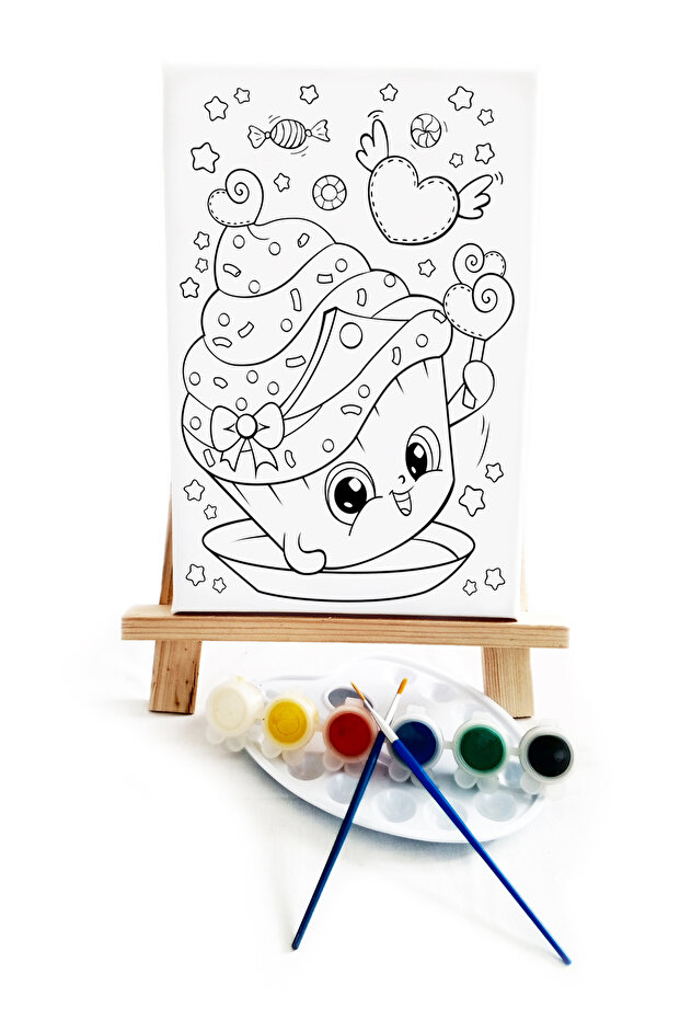 20 x 30 cm Colorful Children's Painter Set - Canvas with Precription, 2 Brushes, Palette, Paints and Easels