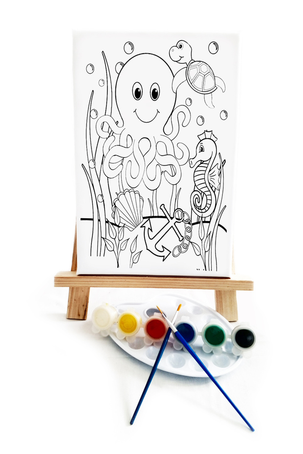Ahtopot Children's Painting Set - 20 X 30 cm Pre-Drawn Canvas, 2 Brushes, Palette, Paints and Easel