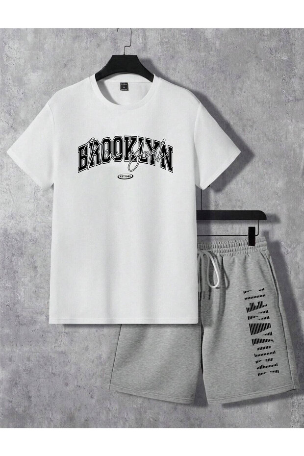 Brooklyn New York Boston White T-Shirt Gray Shorts - T-Shirt with Shorts Bottom Top Set Printed Crew Neck