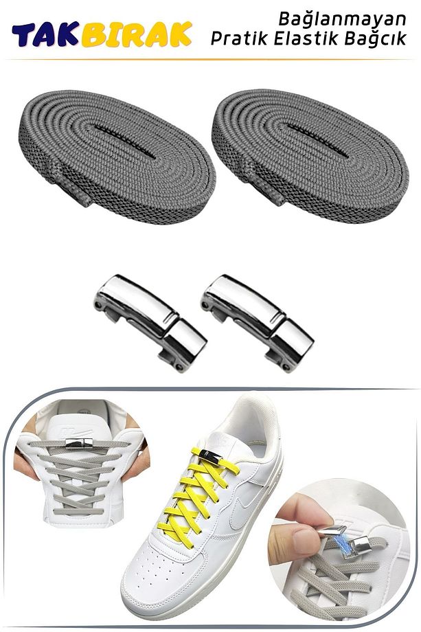 Takbırak Mıknatıslı Lastikli Ayakkabı Bağcığı, Akıllı Bağcık, Bot, Çocuk, Spor Bağcık, Gri - 1