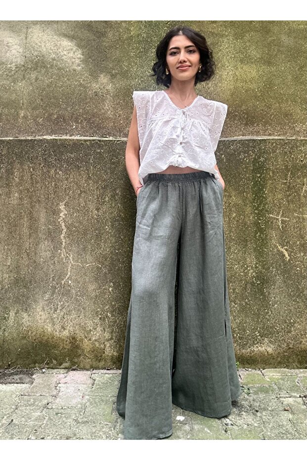 Pantaloni din in kaki - talie elastică, picior lat, buzunare, model STD - 1