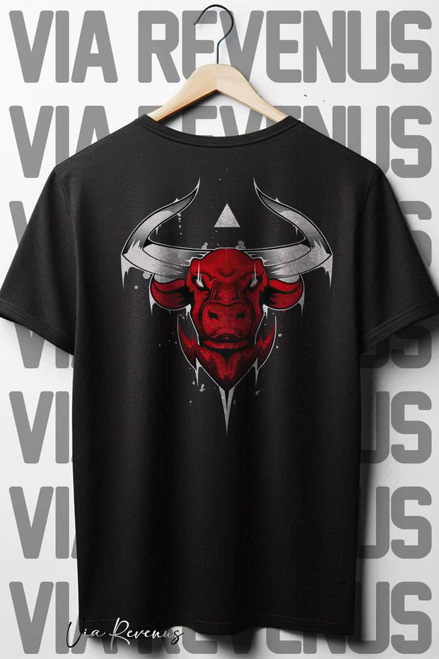 Bull Back Printed Crew Neck Black Oversize Wide Fit Tshirt