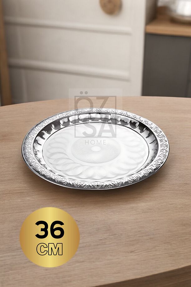 Paslanmaz Çelik Desenli Yuvarlak Çay Tepsi Kahve Servis Sunum Tepsi 36cm - 1