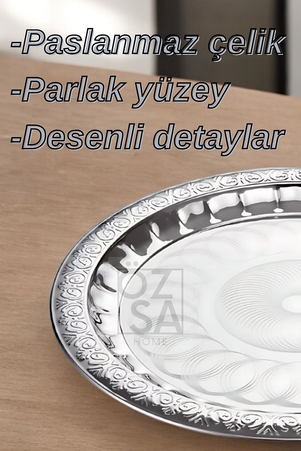 Paslanmaz Çelik Desenli Yuvarlak Çay Tepsi Kahve Servis Sunum Tepsi 36cm - 3