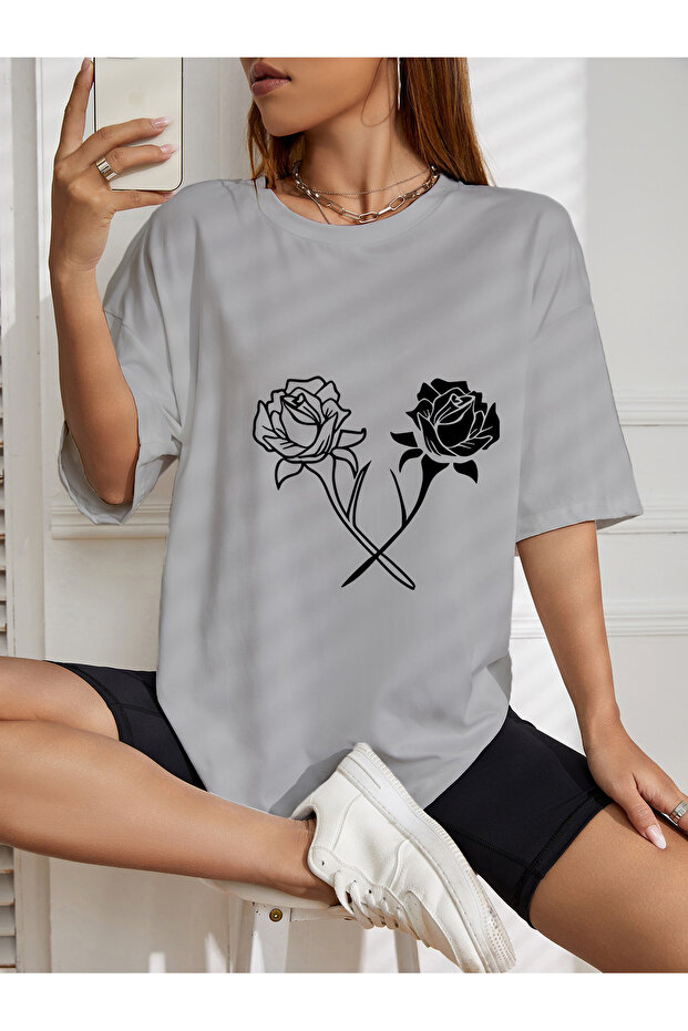 Oversized white and black floral Printed t-shirt