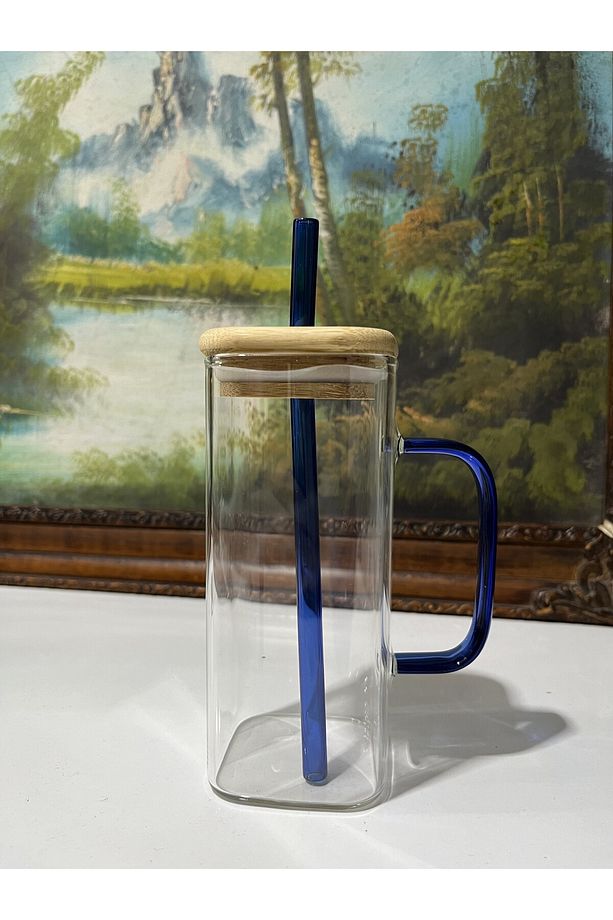 Bambu Kapaklı Renkli Pipetli -kulplu Borosilikat Kare Bardak Kupa - 1