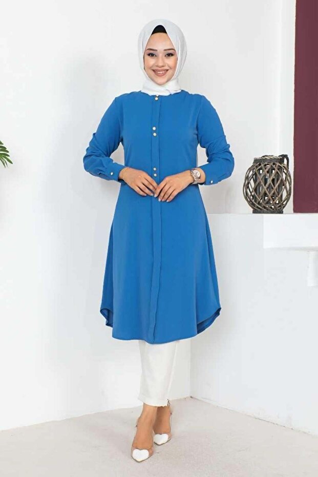 Button Detailed Hijab Tunic Indigo