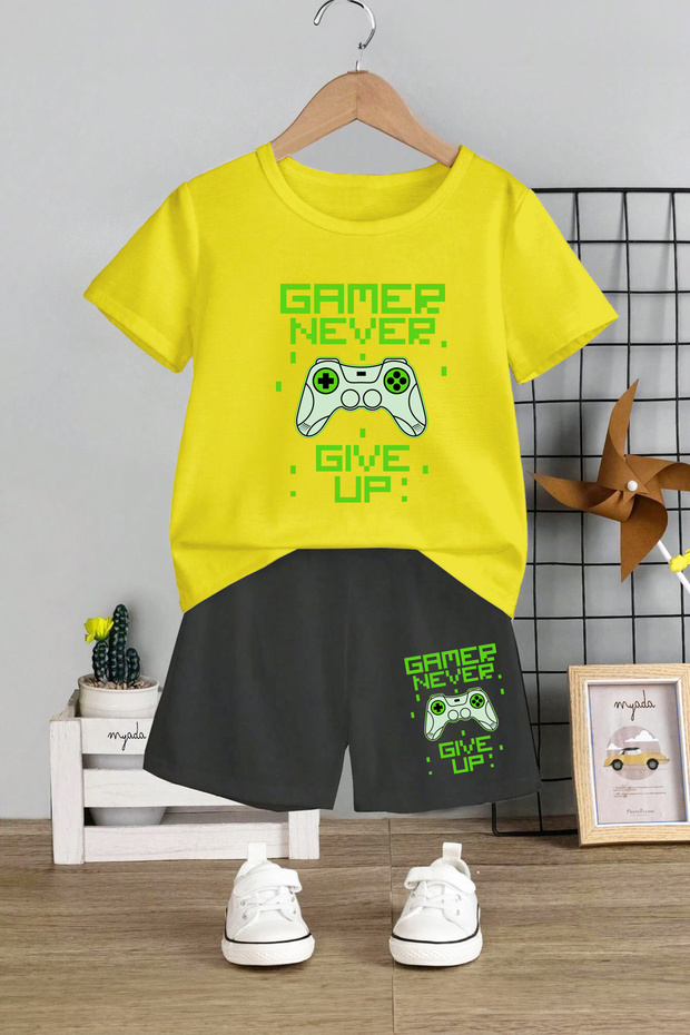 Children's Set Crew Neck Gamer Never Give up Printed 2-Piece Set 20013