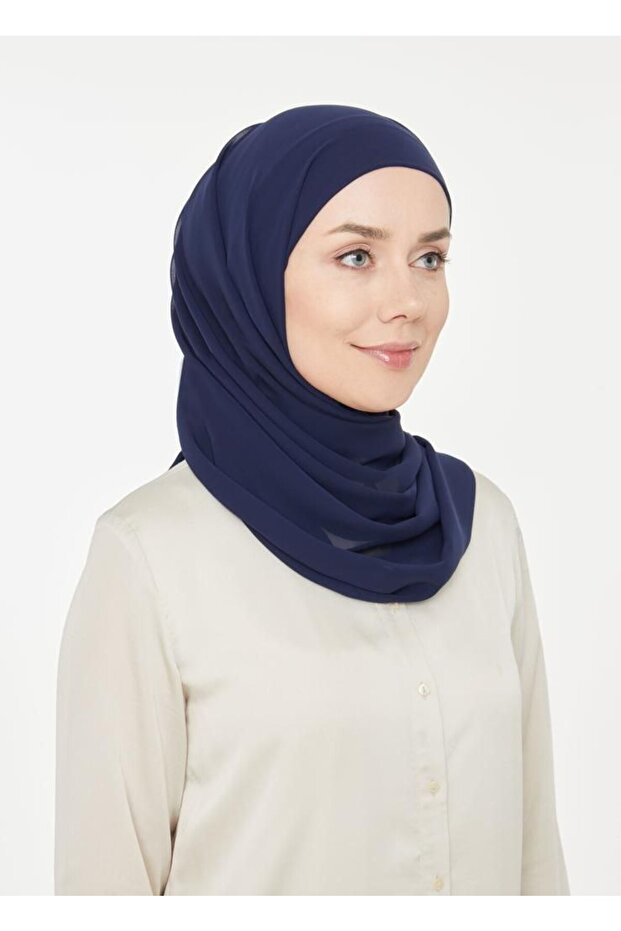 Women's Hijab Practical Tube Bonnet Ready-Made Chiffon Shawl Navy Blue