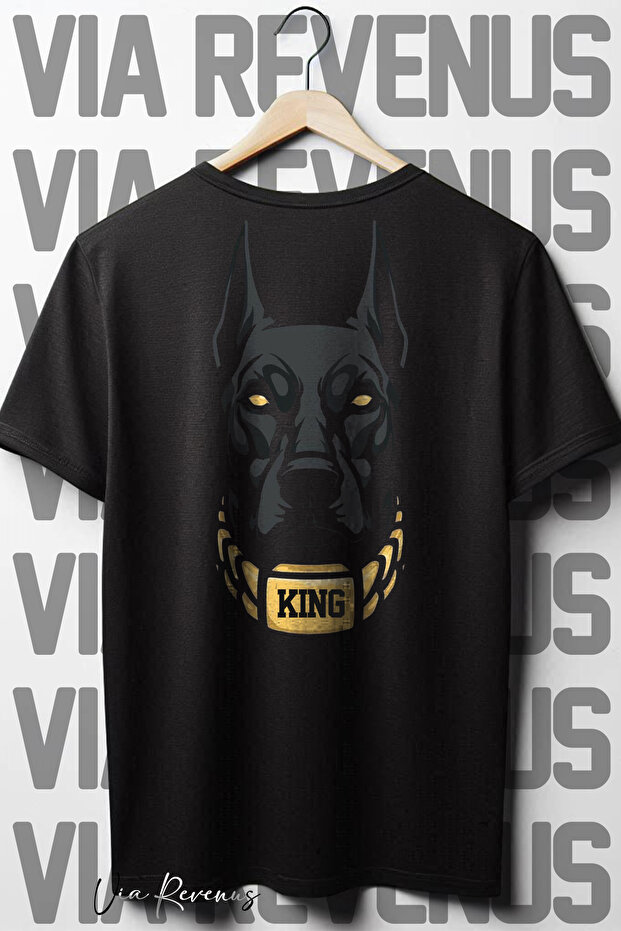 King Doberman Patterned - Oversize Black T-Shirt, Crew Neck