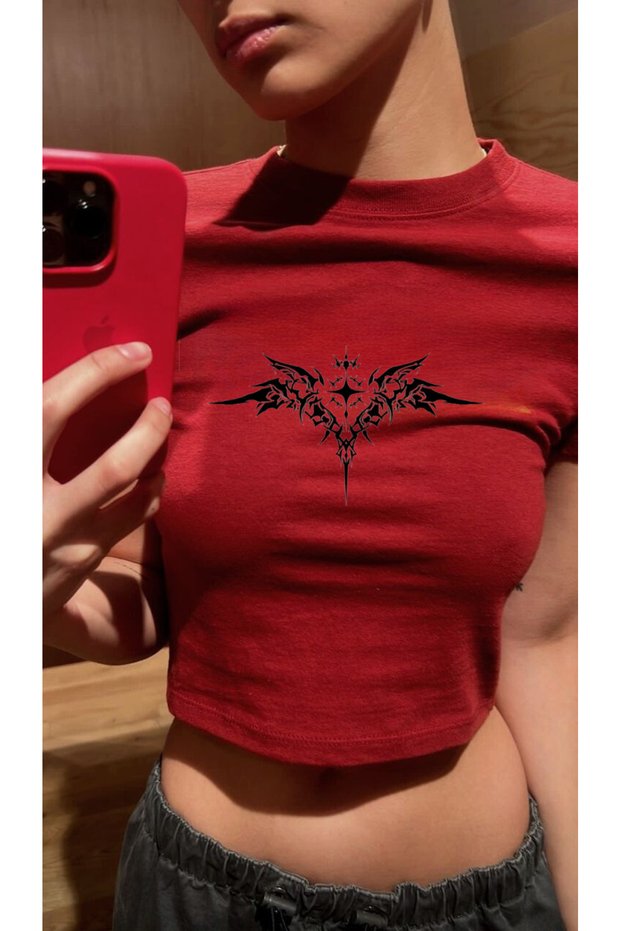 Red Snake Sun and Moon Model Women's Crop Body T-Shirt