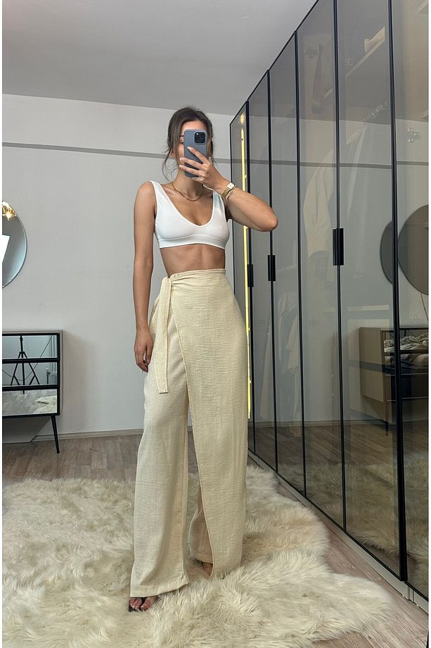 Keira Bej Ekstra Yüksek Bel %100 Ham Keten Kapaklı Pantolon - 2