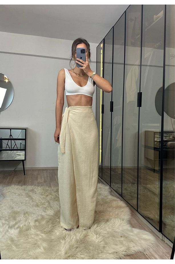 Keira Bej Ekstra Yüksek Bel %100 Ham Keten Kapaklı Pantolon - 3
