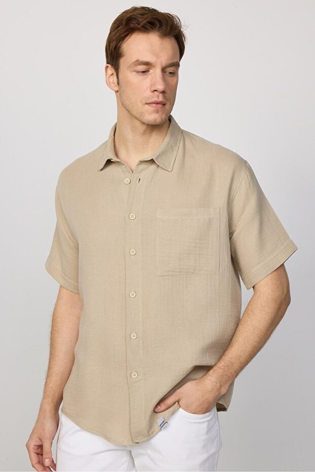 Relax Fit Short Sleeve Comfortable Cut Muslin Fabric 100% Cotton Single Pocket Summer Plain Cream Men's Shirt