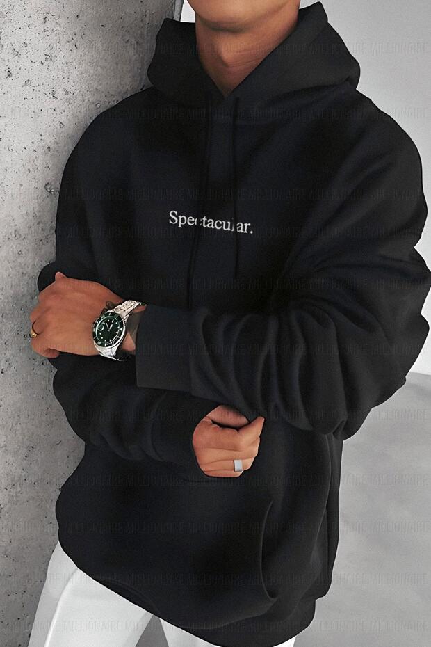 Men's Black Spectacular Printed 3 thread Charcoal Hooded Kangaroo Pocket Oversize Casual Hoodie Sweat