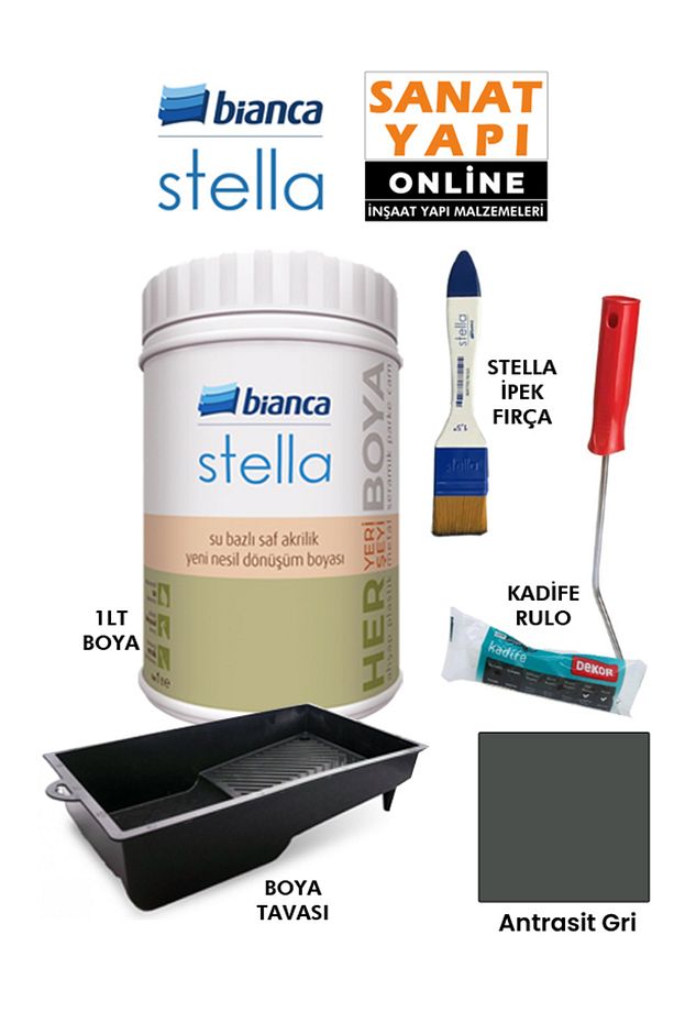 Stella Boya 4 Parçalı Set ( 1Lt Boya - Boya Tavası- Stella İpek Fırça - Kadife Rulo ) - 1