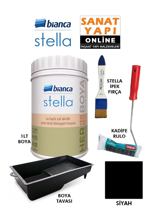 Stella Boya 4 Parçalı Set ( 1Lt Boya - Boya Tavası- Stella İpek Fırça - Kadife Rulo ) - 1