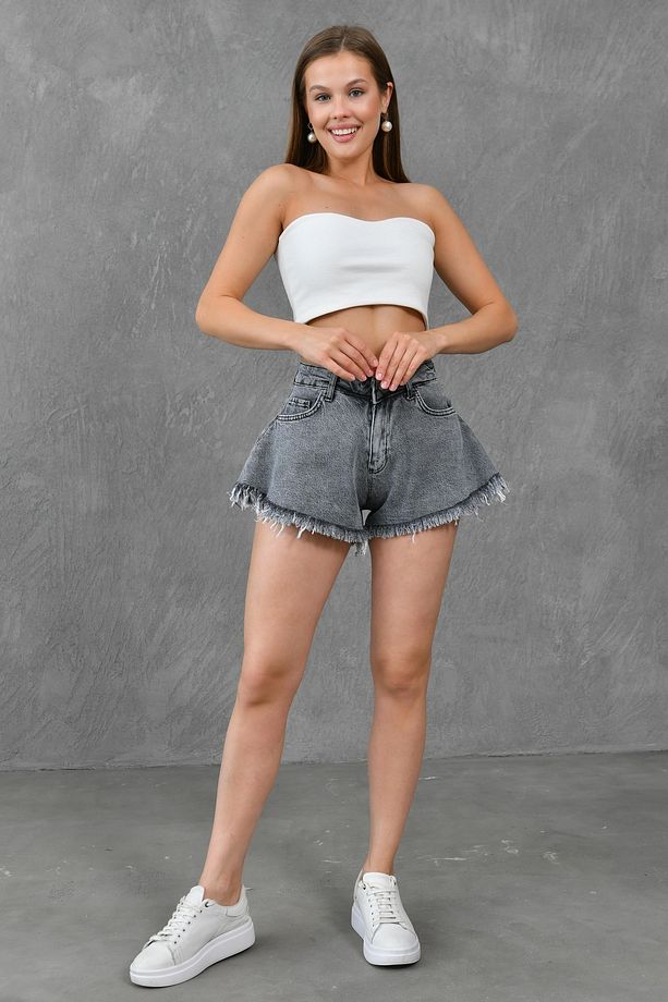 Kadın Paça Ucu Püsküllü Yüksek Bel Likrasız Volanlı Kesim Antresit Kot Şort Denim Şort 70361 - 9