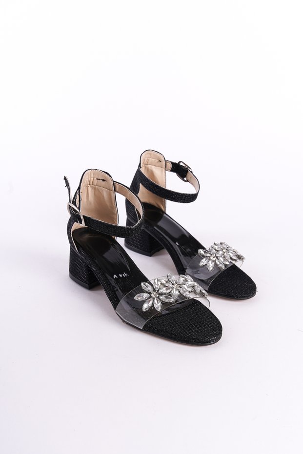Girls' Black Glittery Flower Stone Embellished Heeled Shoes